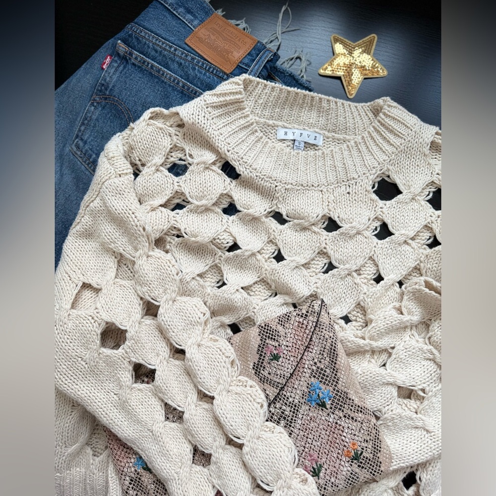 HYFVE Open Knit Cream Sweater Cutout Chunky Boho Pullover S - Picture 5 of 5